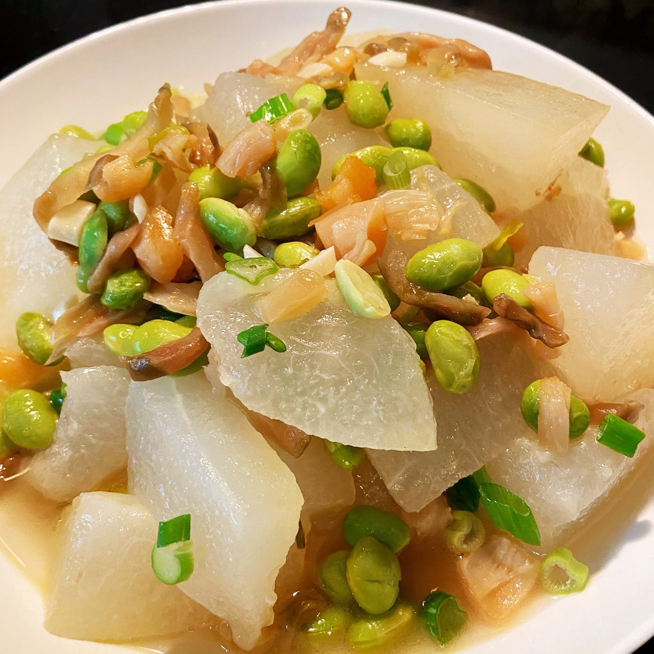 Winter melon braised with soy bean and dried baby scallops